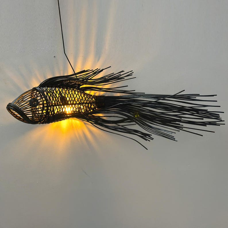 Black tassel tail fish rattan ceiling light for living room decor