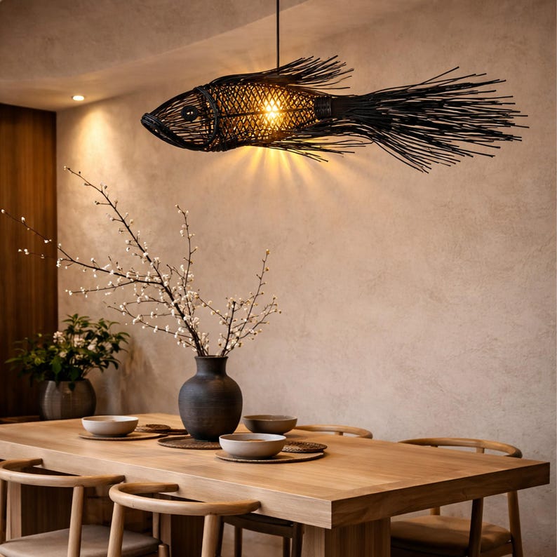 Black tassel tail fish rattan ceiling light for living room decor