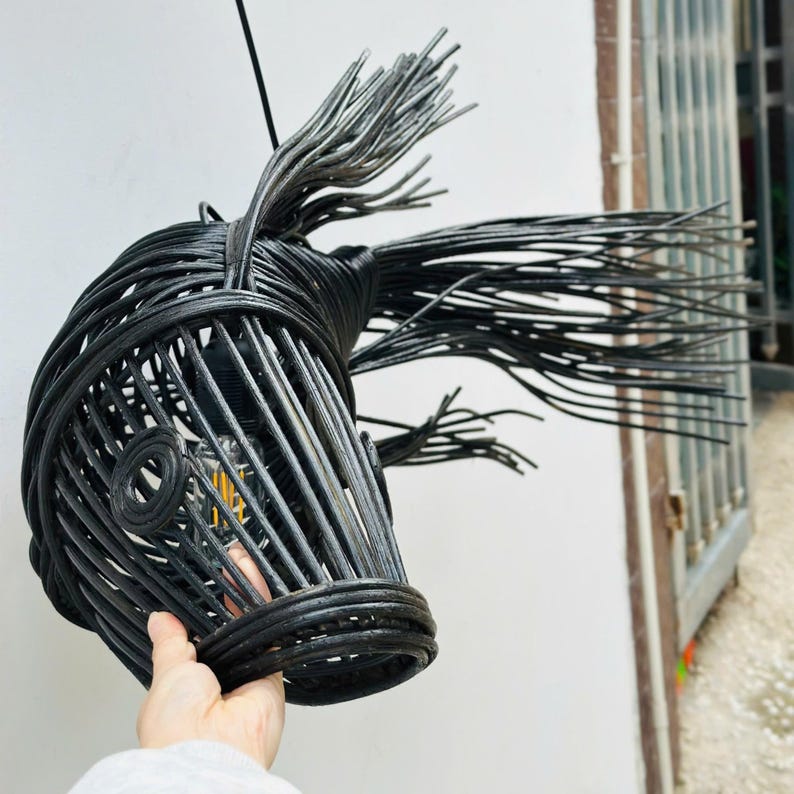 Black tassel tail fish rattan ceiling light for living room decor