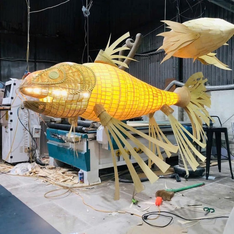 Large koi fish wood veneer ceiling light restaurant decor