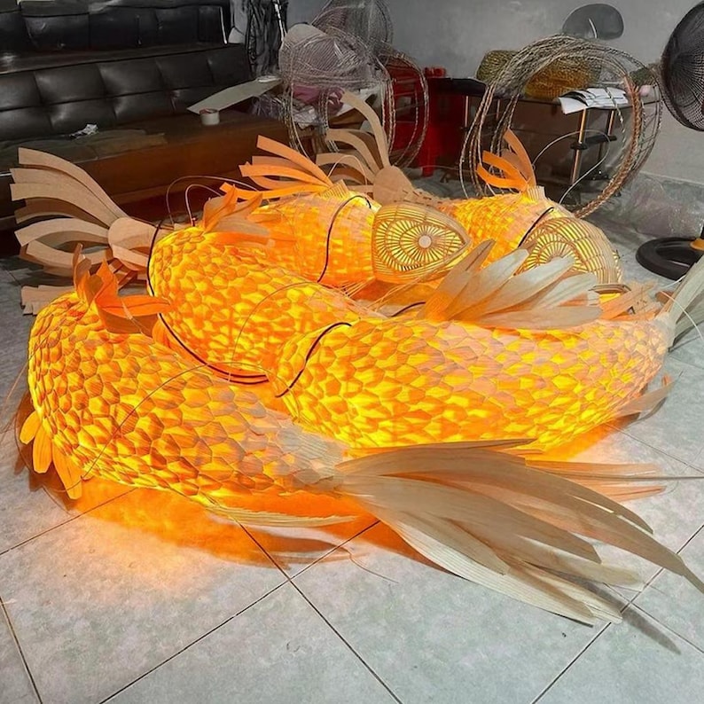Large koi fish wood veneer ceiling light restaurant decor