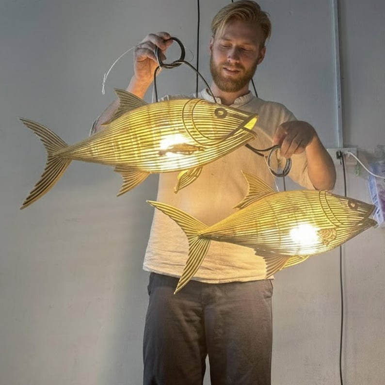Tuna fish rattan ceiling light for coastal home decor