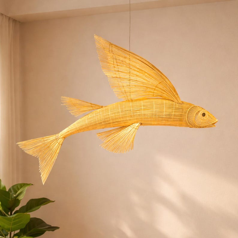 Flying fish rattan ceiling light for coastal interior decor