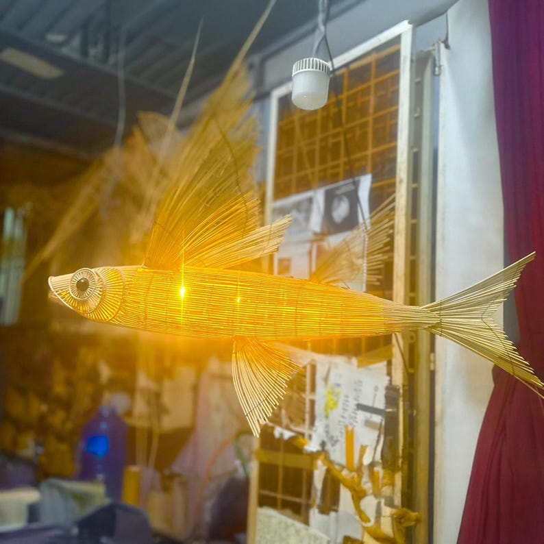 Flying fish rattan ceiling light for coastal interior decor