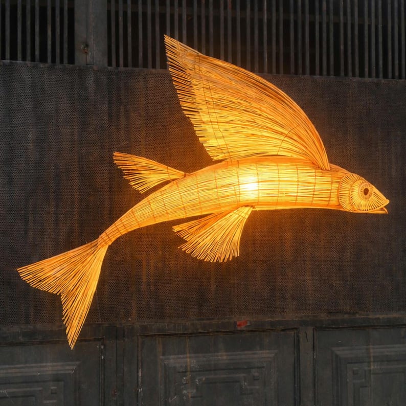 Flying fish rattan ceiling light for coastal interior decor