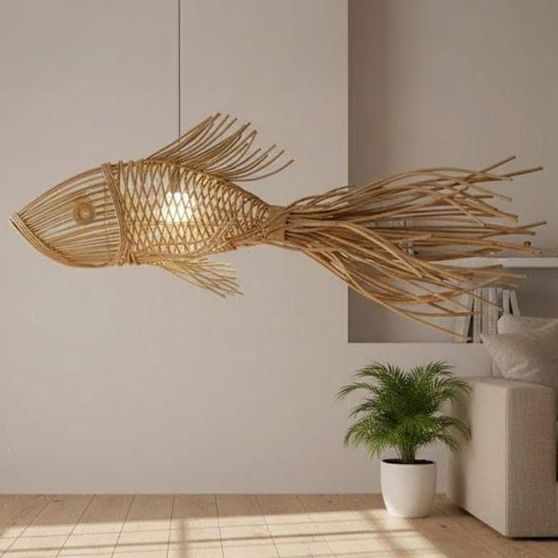 Black tassel tail fish rattan ceiling light for living room decor