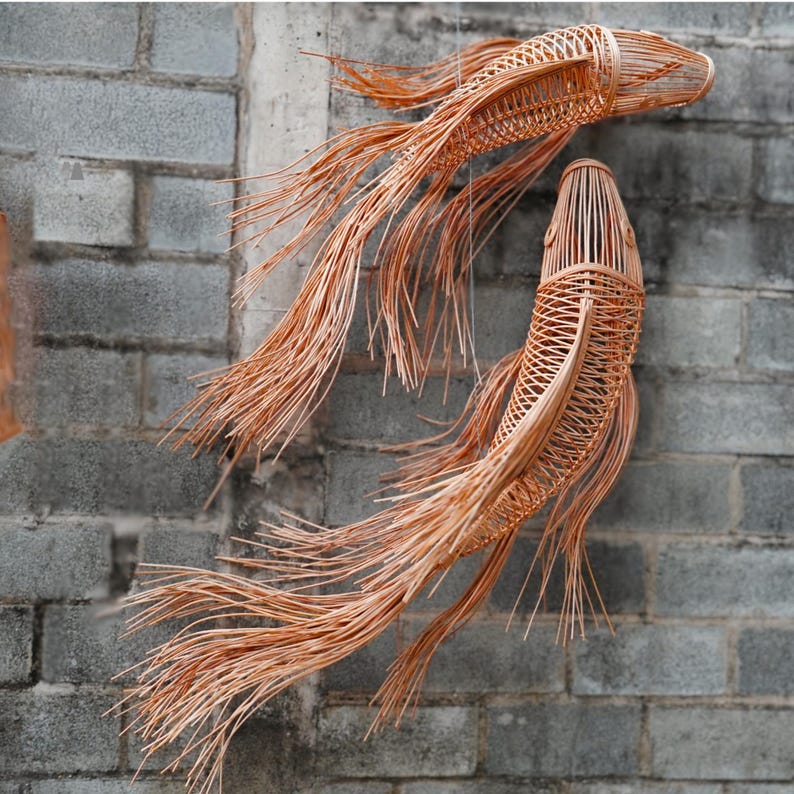 Black tassel tail fish rattan ceiling light for living room decor
