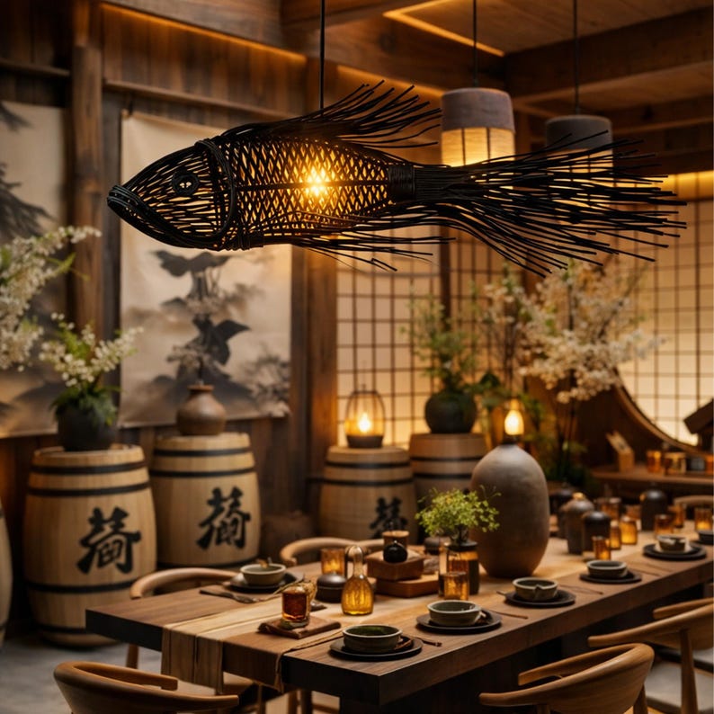 Black tassel tail fish rattan ceiling light for living room decor