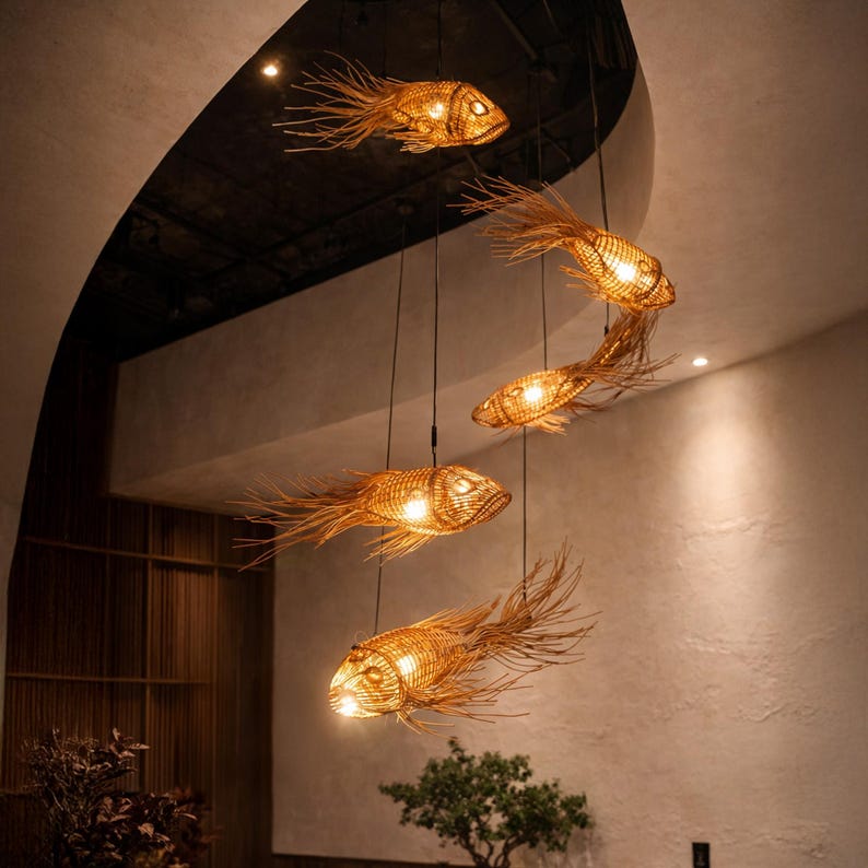 Black tassel tail fish rattan ceiling light for living room decor