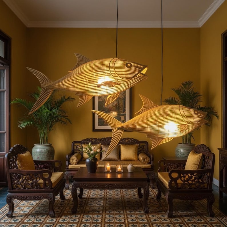 Tuna fish rattan ceiling light for coastal home decor
