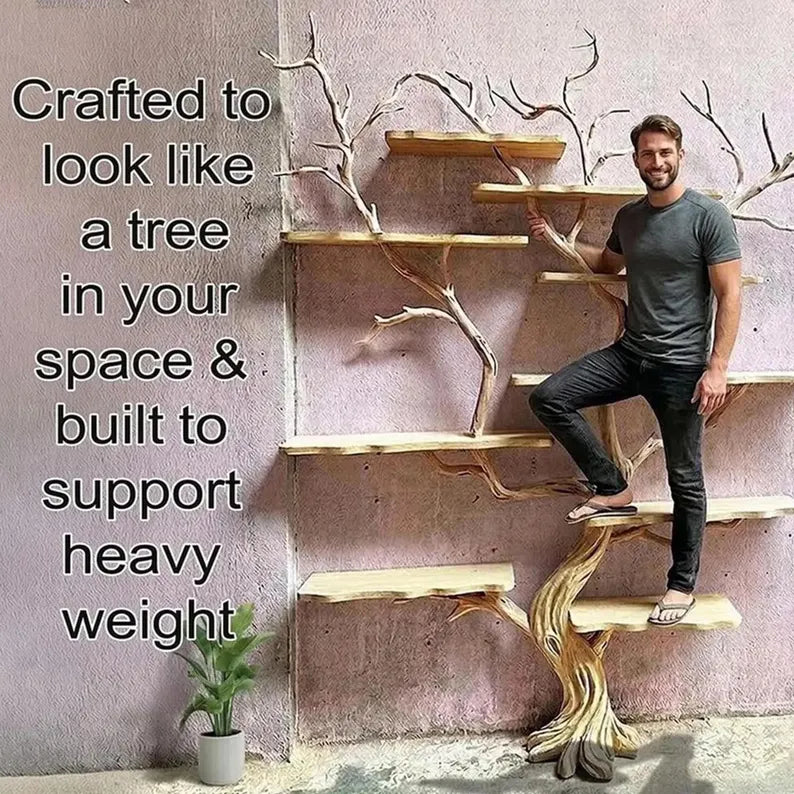 Natural tree branch corner bookshelf floating wall shelf