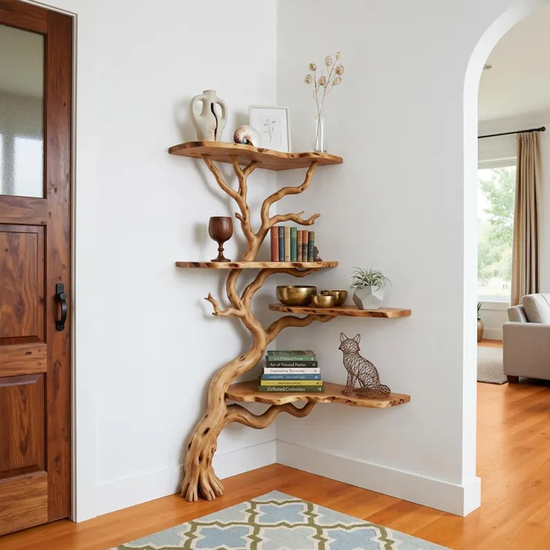 Natural tree branch corner bookshelf floating wall shelf