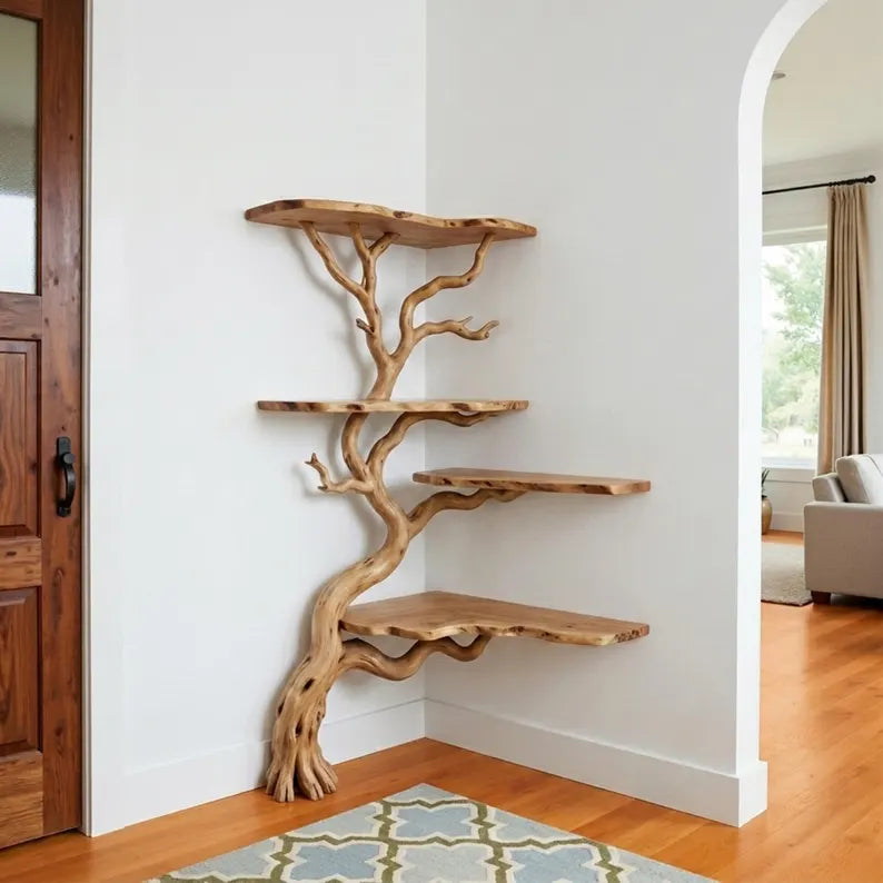 Natural tree branch corner bookshelf floating wall shelf