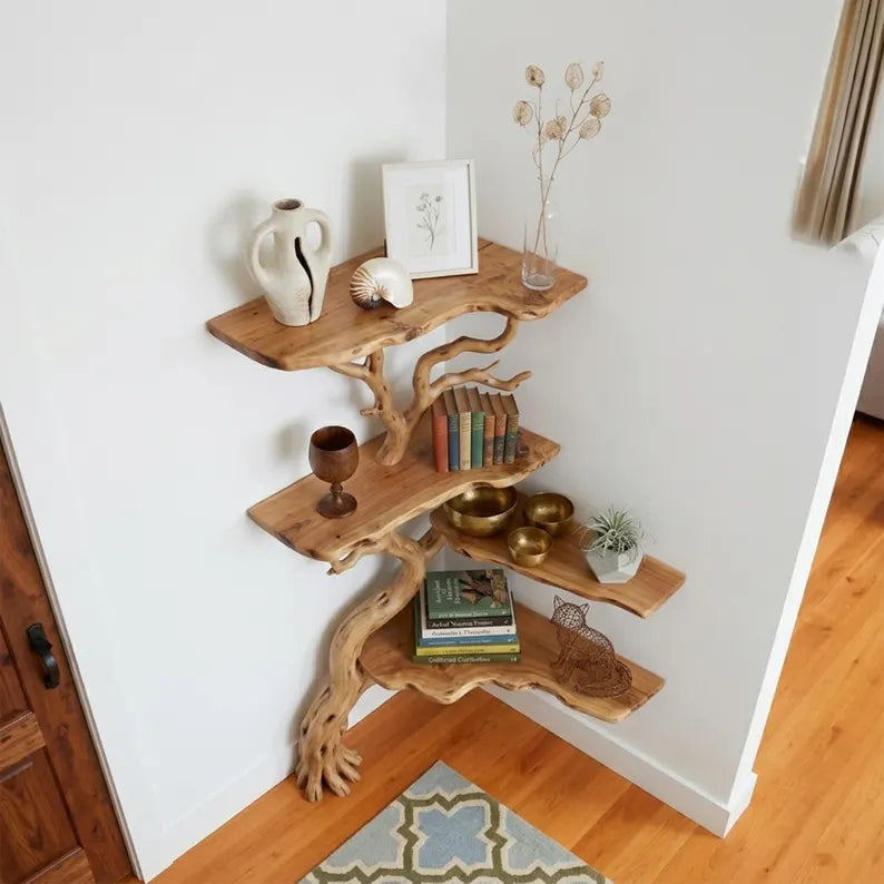 Natural tree branch corner bookshelf floating wall shelf