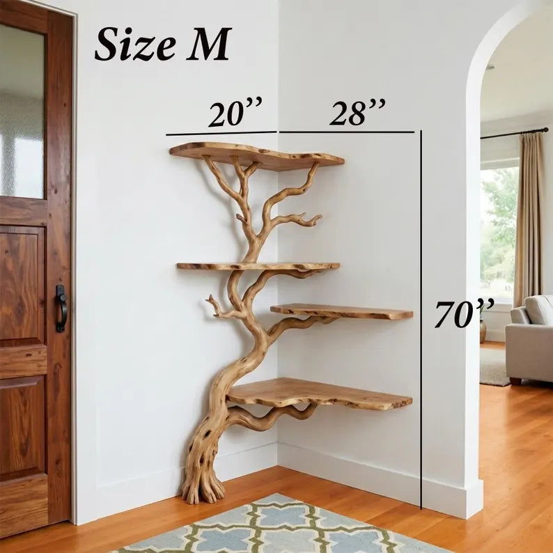 Natural tree branch corner bookshelf floating wall shelf