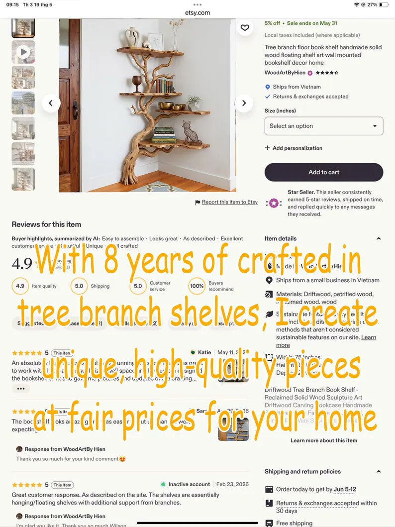 Natural tree branch corner bookshelf floating wall shelf