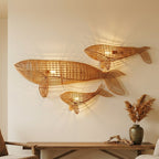 Whale rattan light fixture for coastal wall or ceiling decor