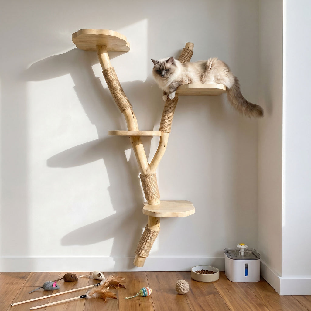 Cat Tree Natural Wood Wall Mounted Cat Climber and Scratching Post