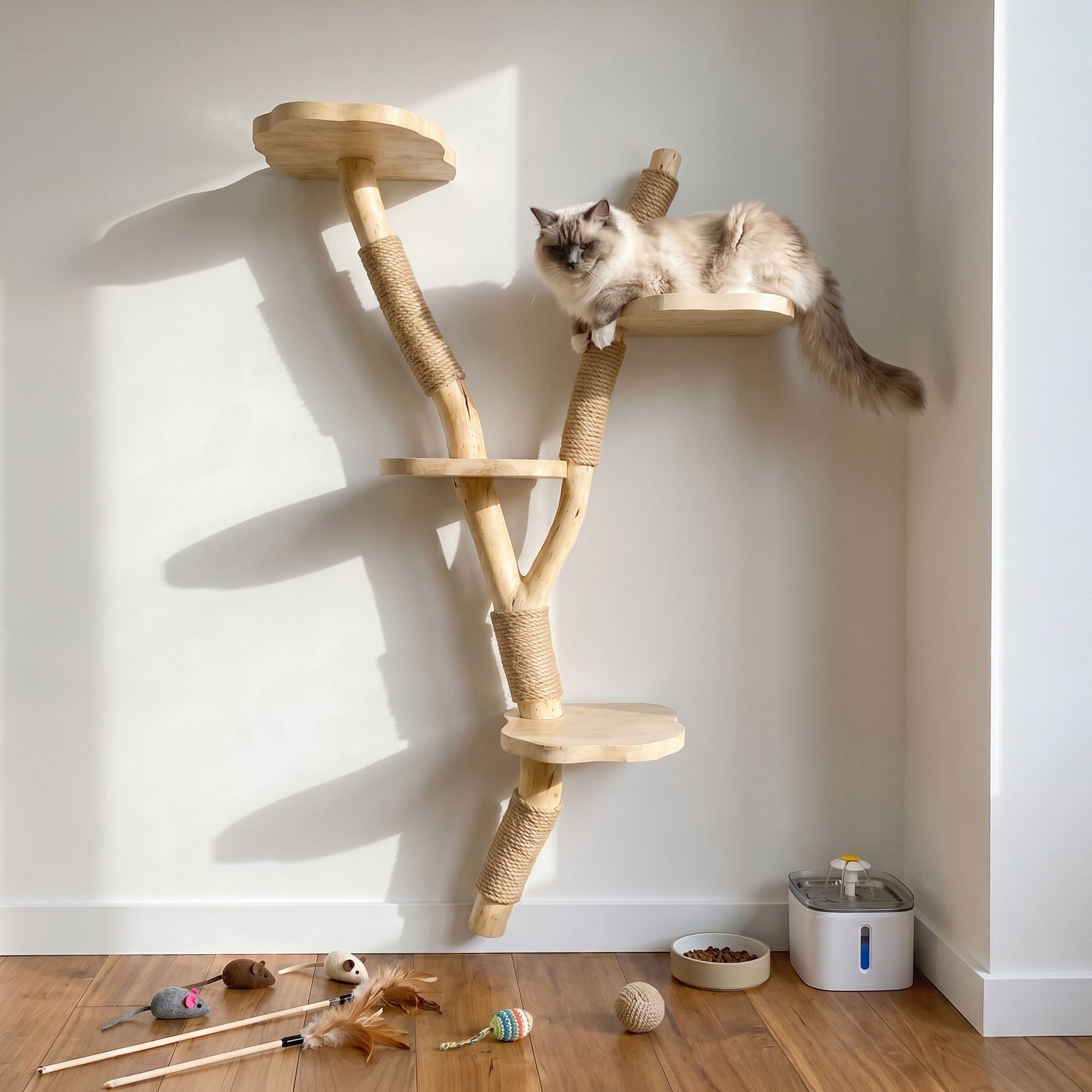 Cat Tree Natural Wood Wall Mounted Cat Climber and Scratching Post