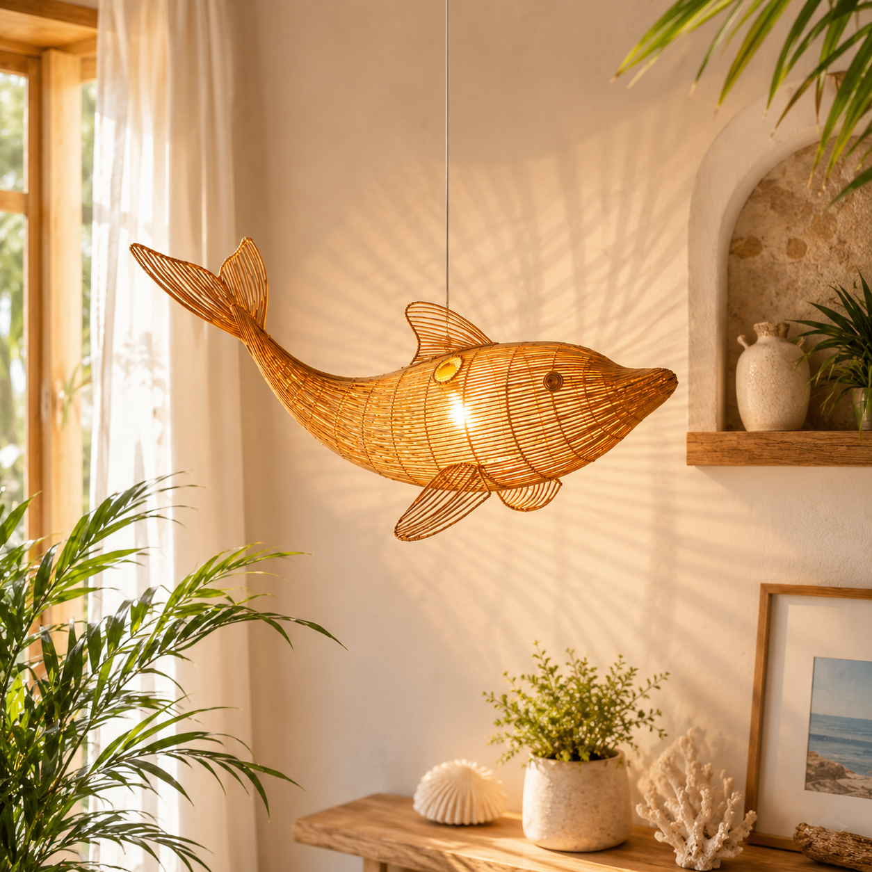 Rattan dolphin lamp fish chandelier art deco lamp
