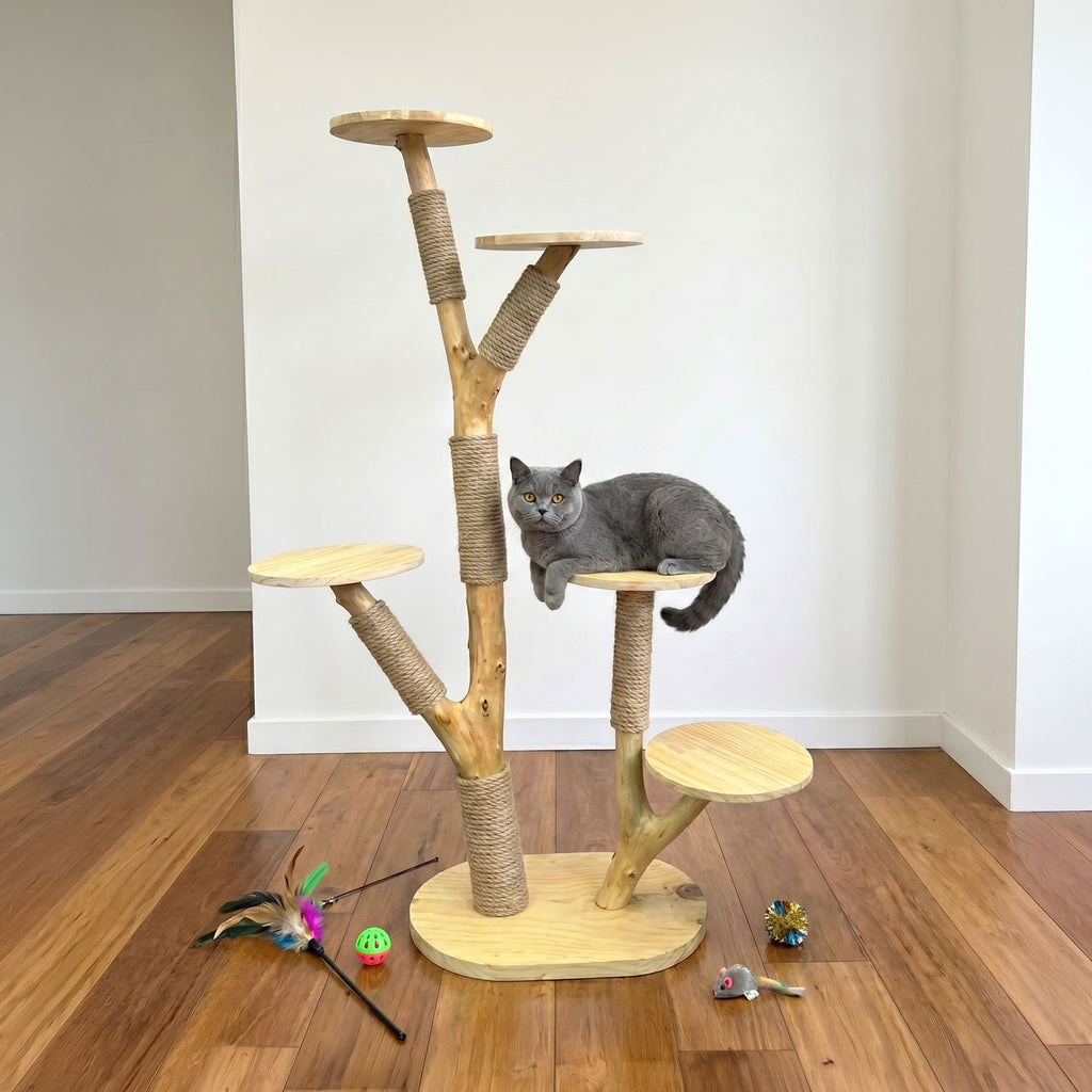 Natural Wood Cat Tree with Sisal Scratching Posts