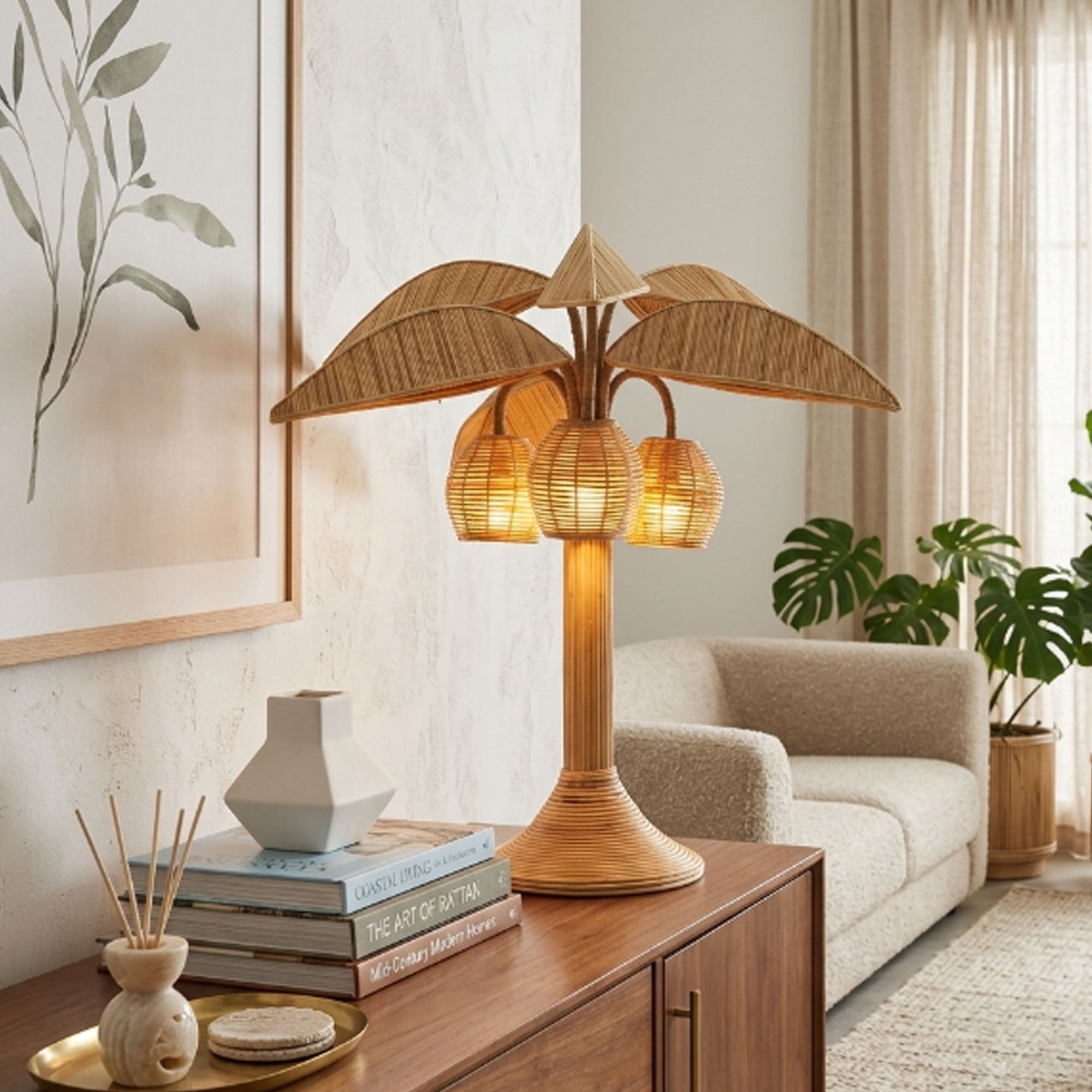 Palm rattan floor lamp for rustic home decor