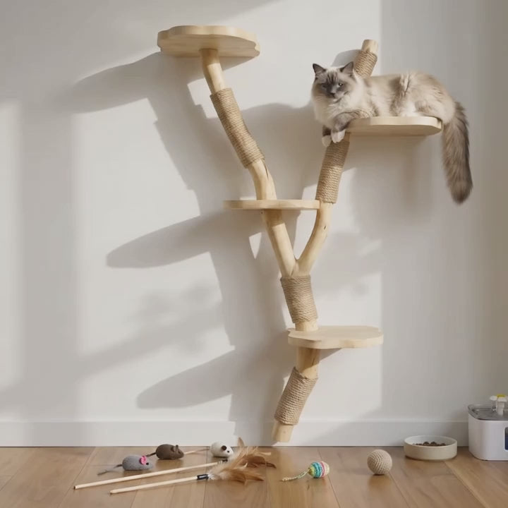 Cat Tree Natural Wood Wall Mounted Cat Climber and Scratching Post