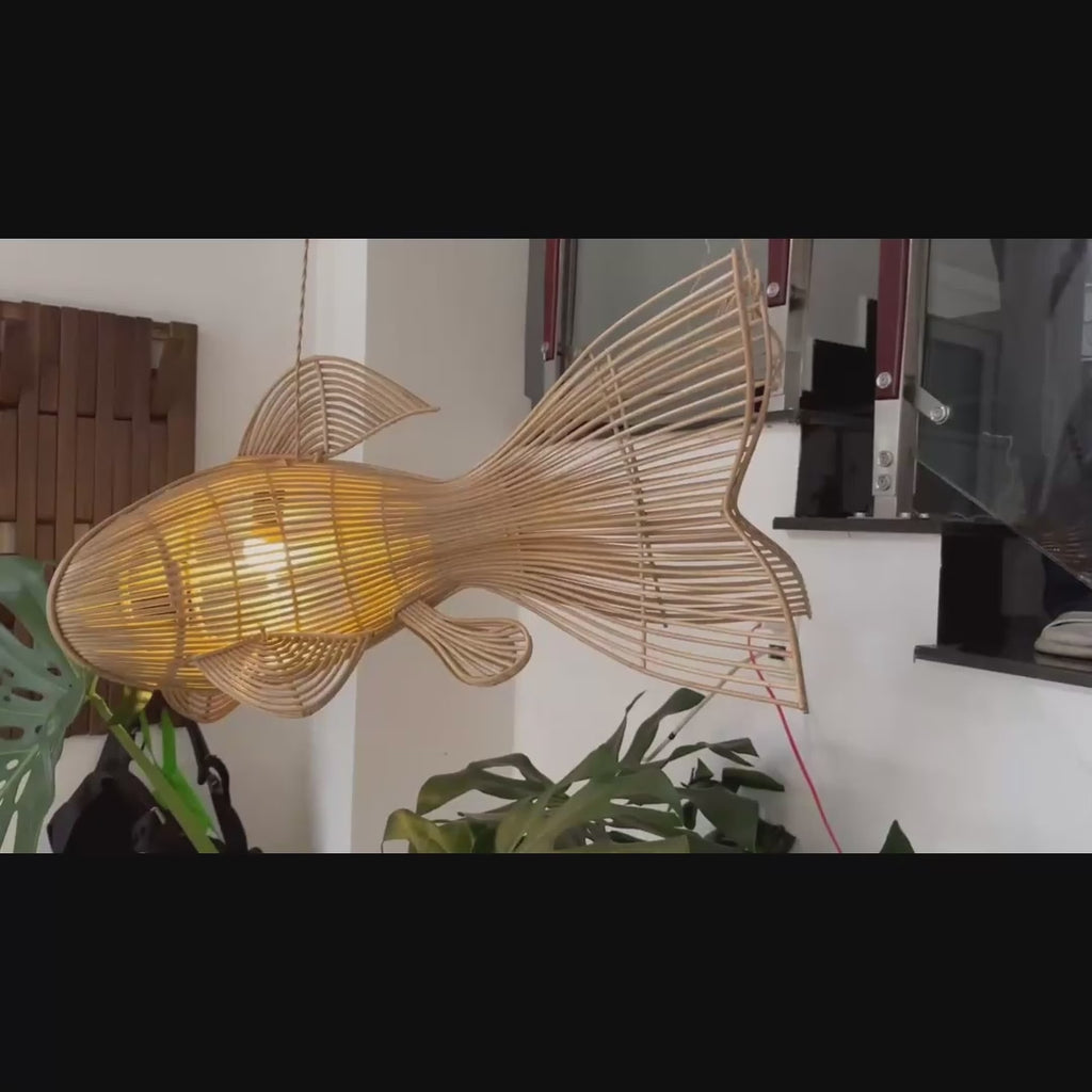 Unique four tail rattan fish pendant light for coastal decor