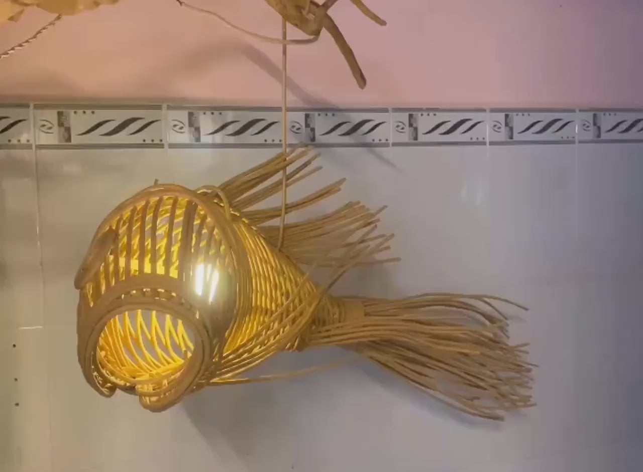 Black tassel tail fish rattan ceiling light for living room decor