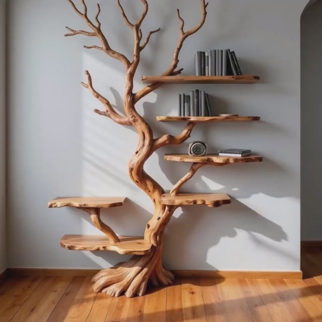 Tree bookshelf driftwood branch shelf art wall mount solid wood