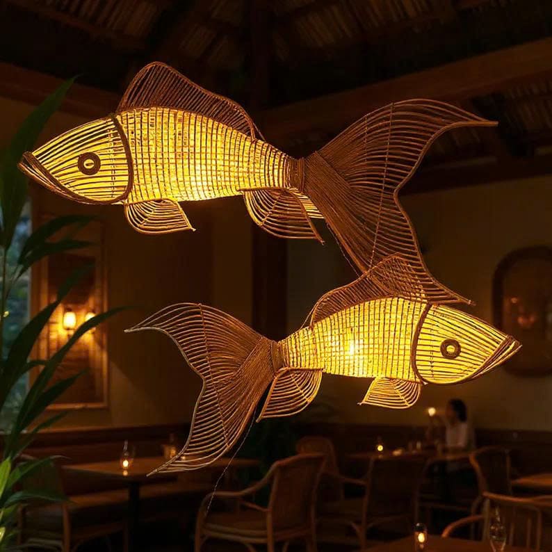 Rattan wicker pendant light unique art deco lamp hanging