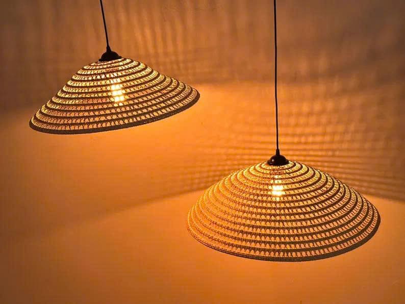 Rustic cone rattan ceiling light kitchen island decor