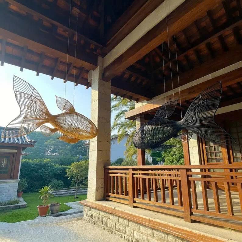 Four tail rattan fish pendant light in natural, red & black