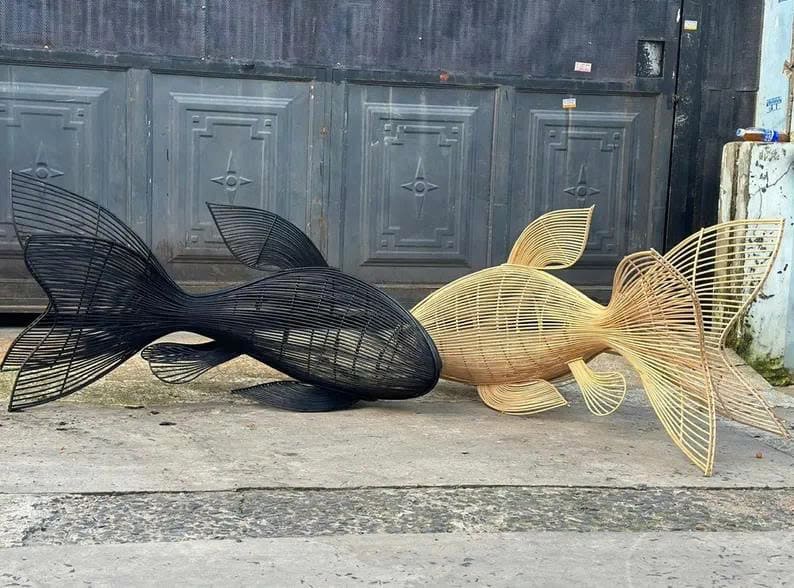 Four tail rattan fish pendant light in natural, red & black