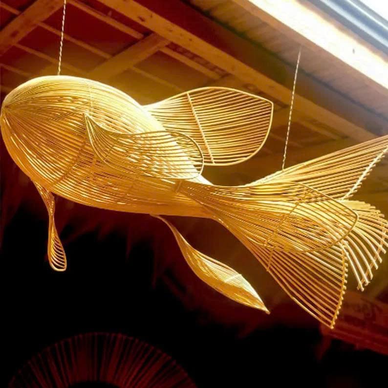 Four tail rattan fish pendant light in natural, red & black