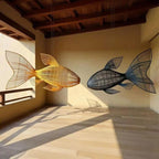 Four tail rattan fish pendant light in natural, red & black