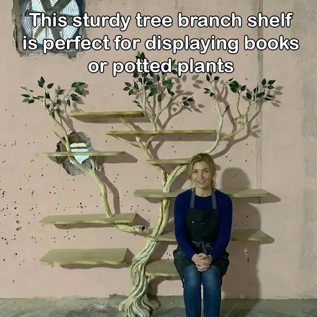 Tree branch tall floor shelf rustic wooden bookshelf